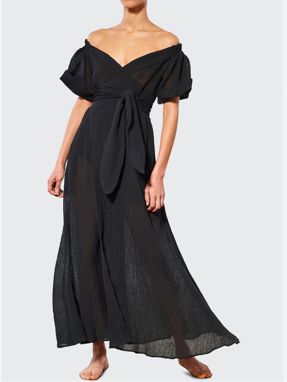 Mara Hoffman swim off shoulder black linen blend wrap maxi cover up size S
